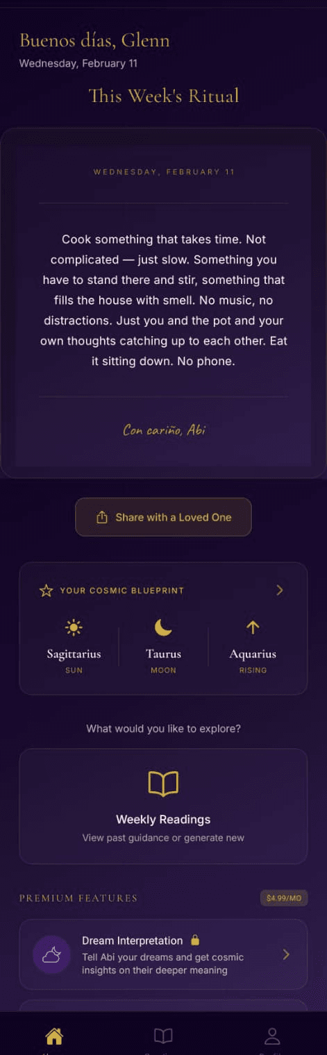 Cosmic Abuela app home screen showing personalized daily blessing
